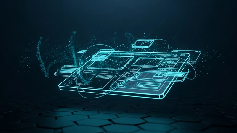 Desenvolvimento web de alta performance: código futurístico com iluminação cyan e elementos de UI flutuantes