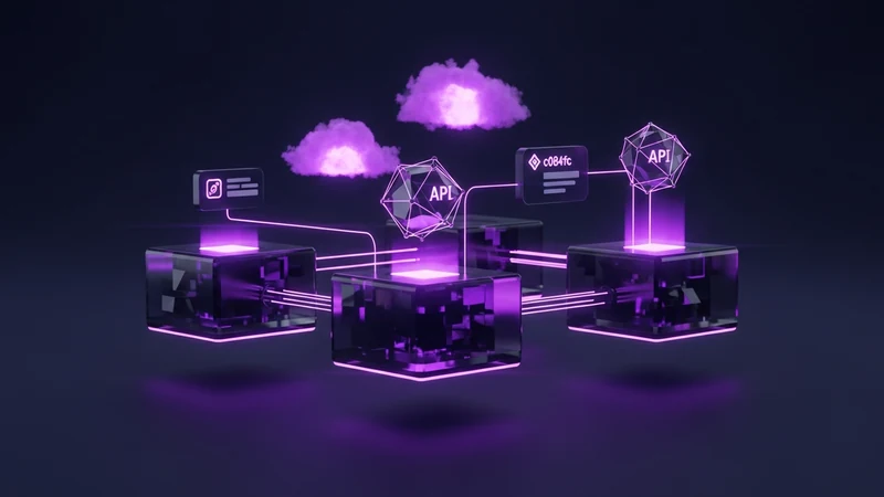 Ilustração de desenvolvimento de software e SaaS: telas interligadas de ERP, dashboard e APIs