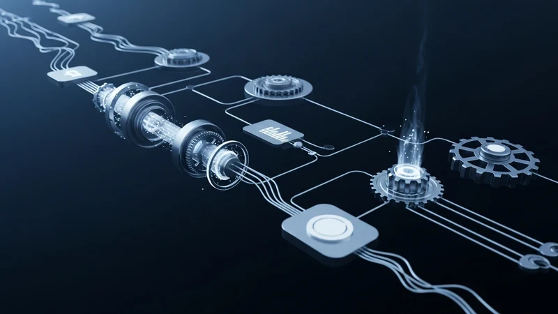 Ilustração de CRM e automação: workflow com nós conectados entre CRM, WhatsApp, email e IA chatbot